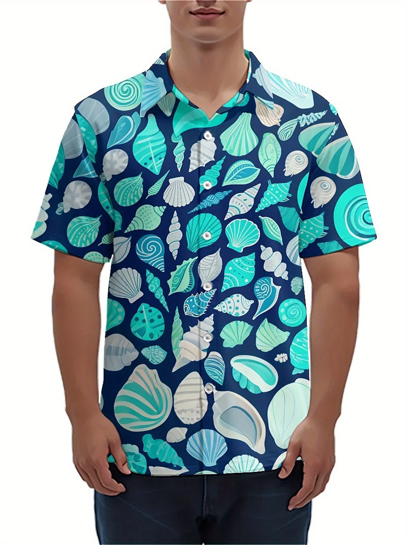 Мужские гавайские рубашки большого размера — рисунок раковины и ракушки - Фотография_4