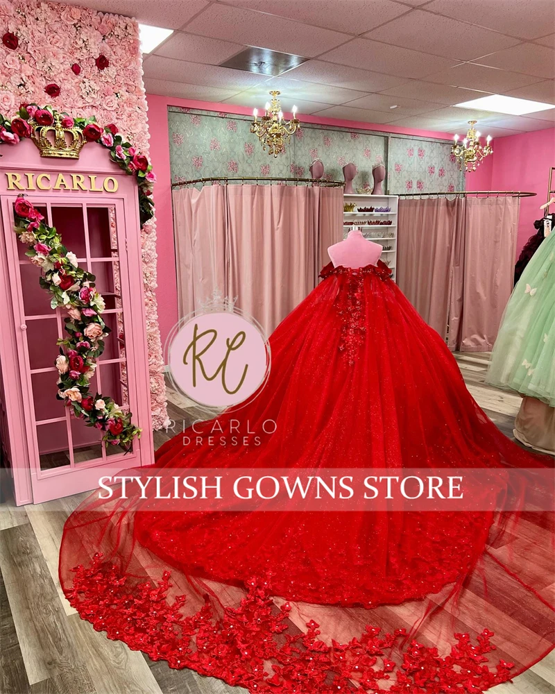 Красный 3d цветок quinceanera платья - Фотография_5