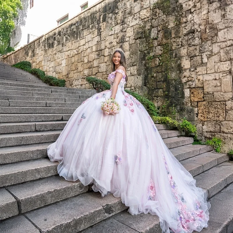 Светлое платье quinceanera с открытыми плечами по индивидуальному заказу - Фотография_3