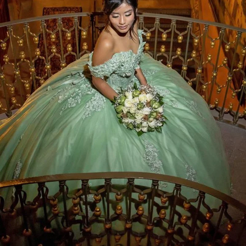 Индивидуальные мятно-зеленые платья quinceanera с открытыми плечами - Фотография_2