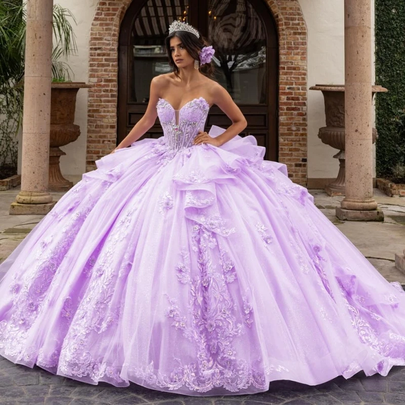 Светло-сиреневые блестящие платья quinceanera