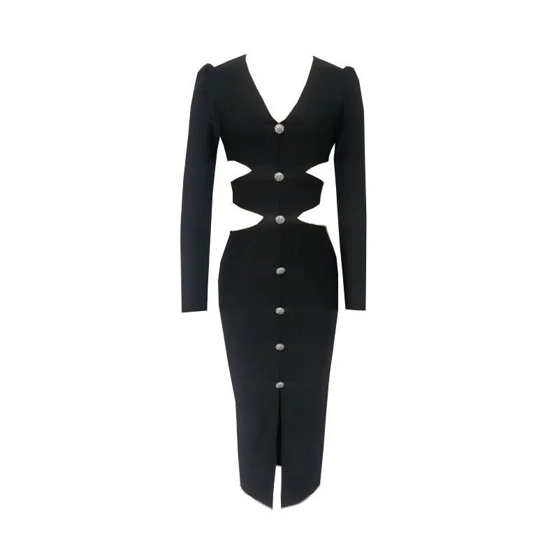 Женское бандажное платье миди с v-образным вырезом и разрезом - Фотография_5