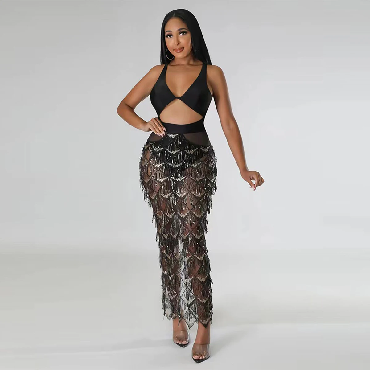 Женское модное платье с подвесным воротником и сеткой