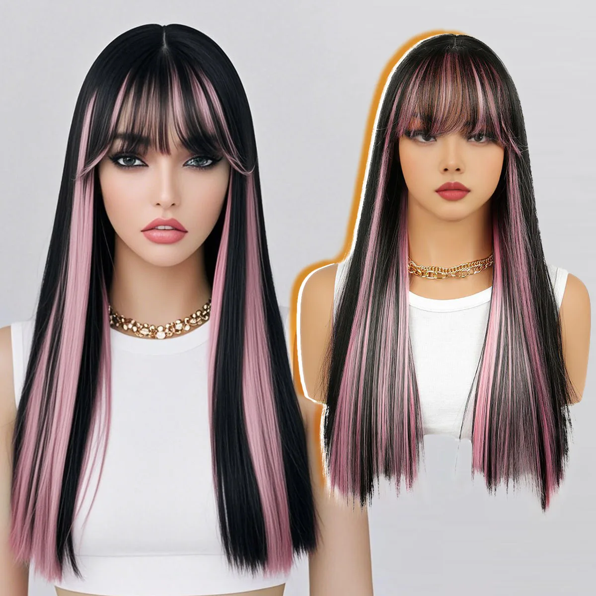 Длинные прямые парики с челкой для женщин