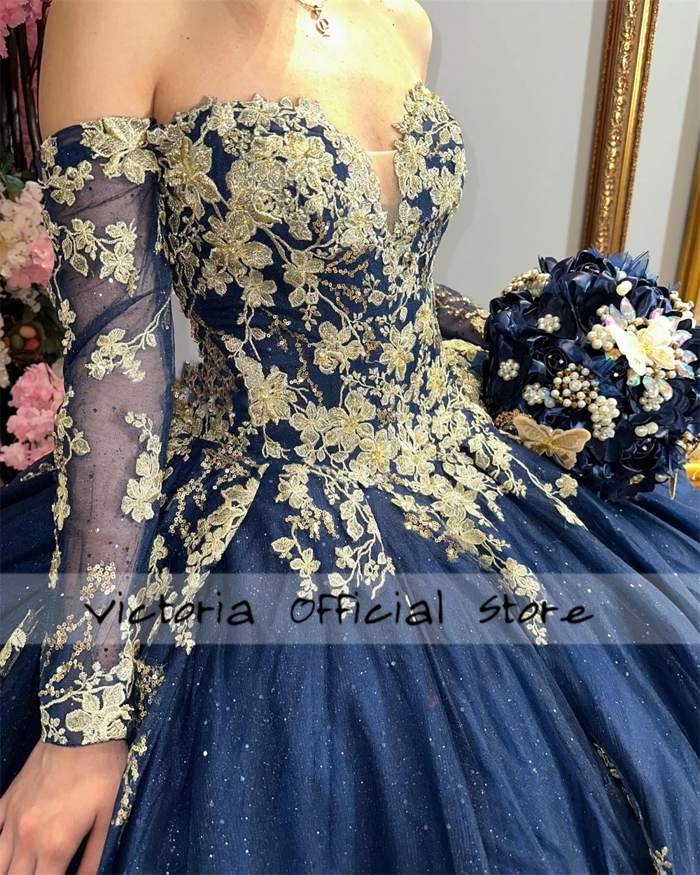 Восходящие темно-синие платья quinceanera с рукавами три четверти - Фотография_3