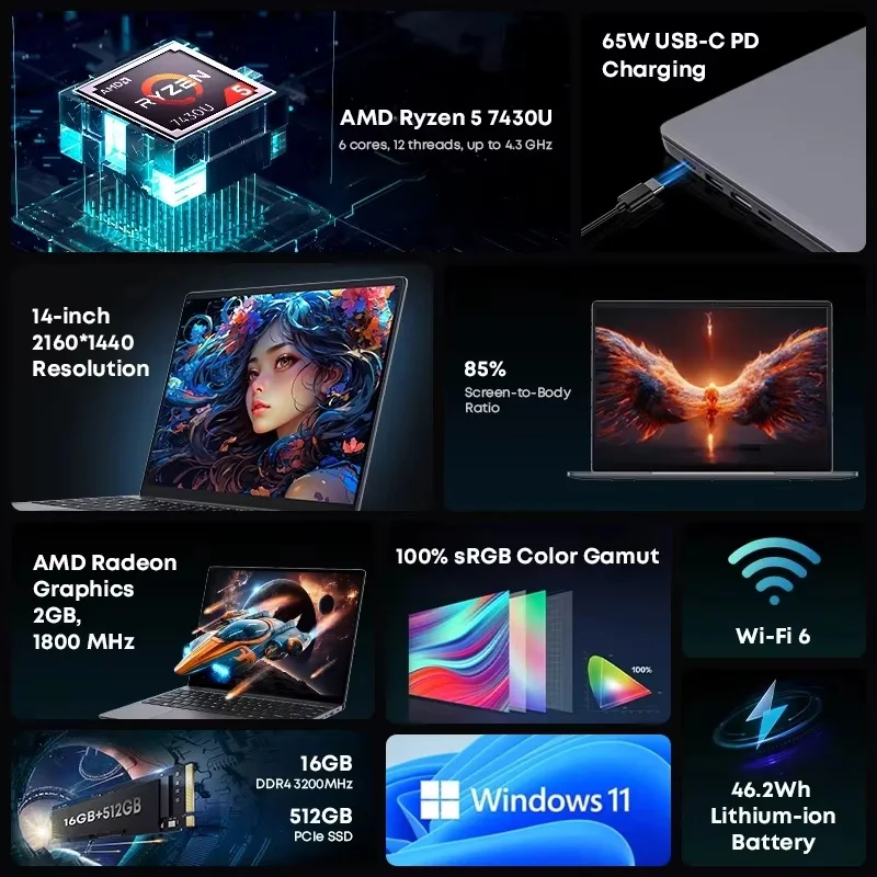 Игровой ноутбук chuwi corebook x amd r5-7430u 16 гб ddr4 ram 512 гб ssd 14 - Фотография_6