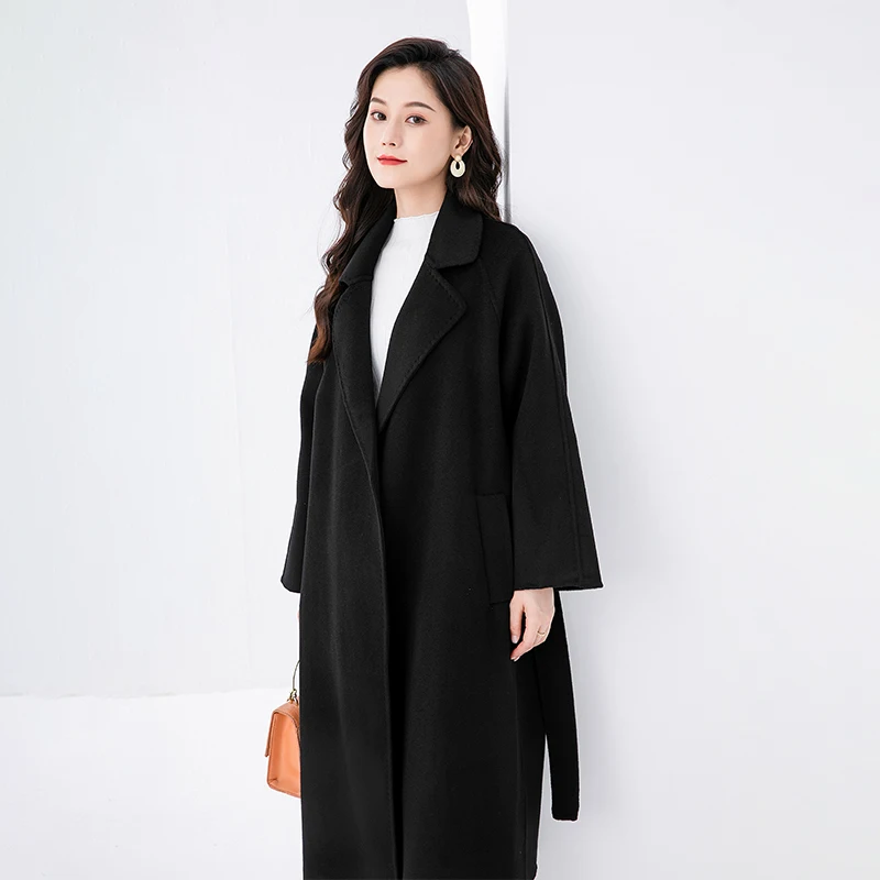 Новые трендовые зимние длинные женские шерстяные пальто с поясом - Фотография_2