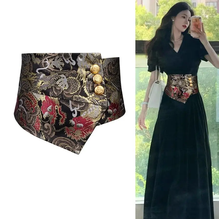 Черный парчовый пояс с драконом и фениксом - Фотография_3