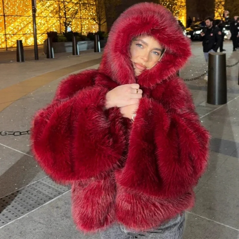 Trendix красное пальто с капюшоном из искусственного меха femme