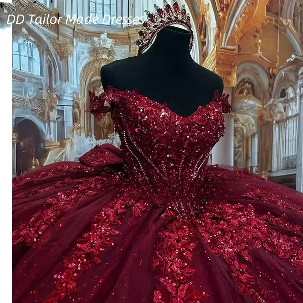 Роскошное бордовое бальное платье quinceanera