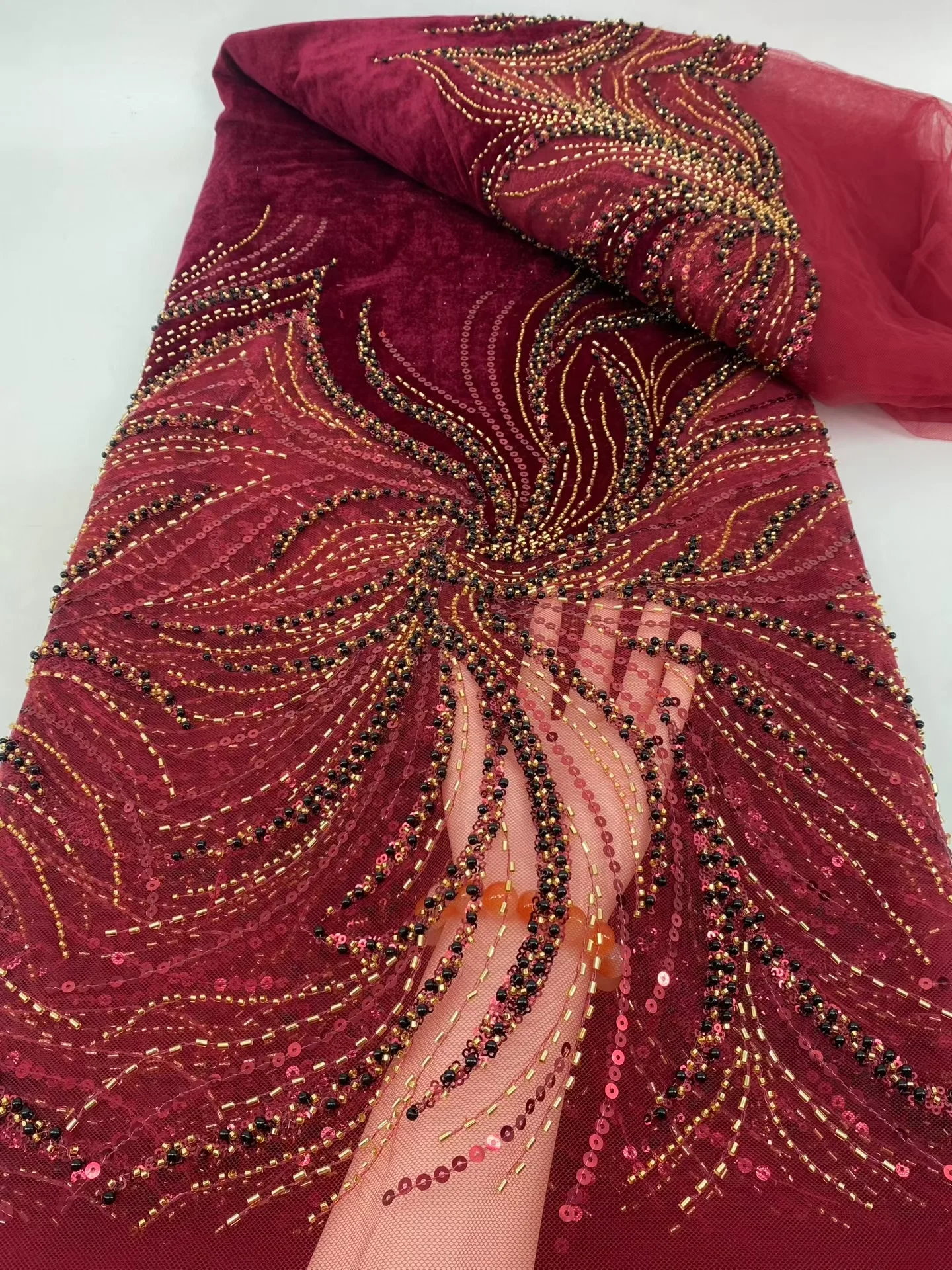 5 ярдов нигерийской бархатной кружевной ткани с блестками - Фотография_6