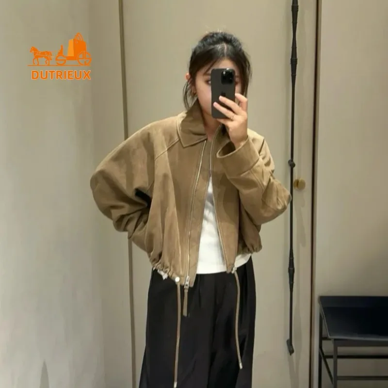 Зимняя замшевая кожаная куртка с завязками по краю - Фотография_5