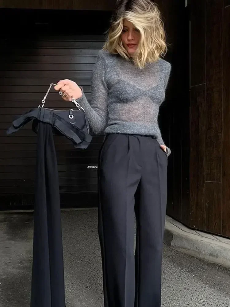 Модный однотонный тонкий вязаный свитер с круглым вырезом - Фотография_5