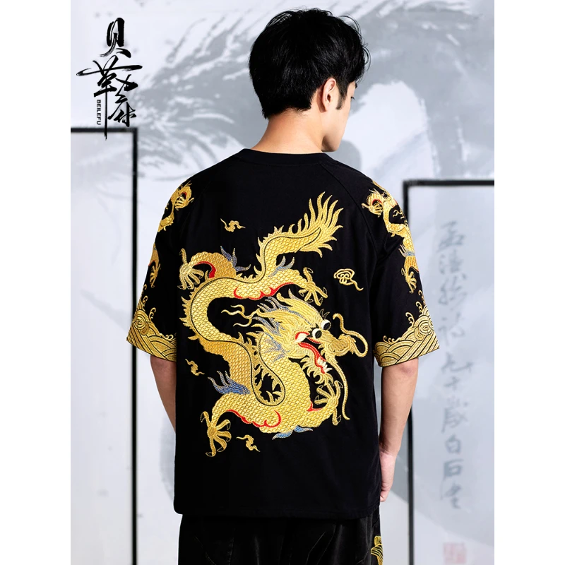 Мужская футболка в китайском стиле с золотым драконом и вышивкой - Фотография_2