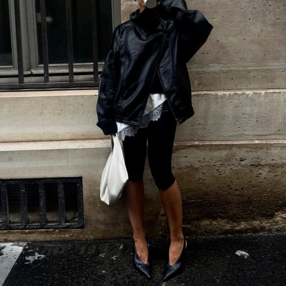 Женская кожаная куртка с длинным рукавом и воротником-стойкой - Фотография_4