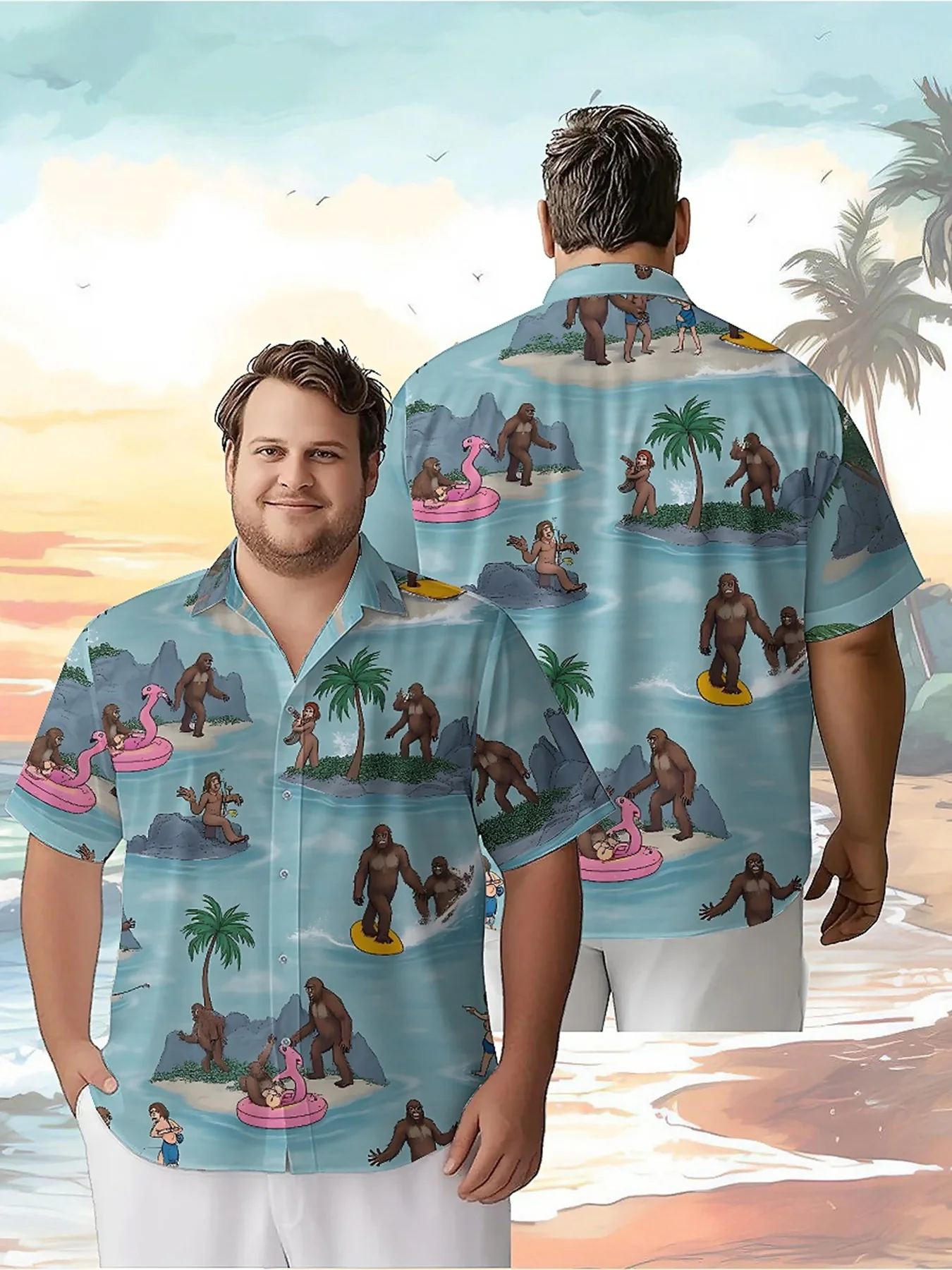 Мужские гавайские рубашки больших размеров sasquatch surfing on the beach