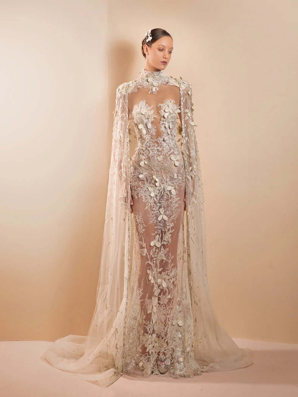 Иллюзионное кружевное свадебное платье русалки с накидкой - Фотография_2