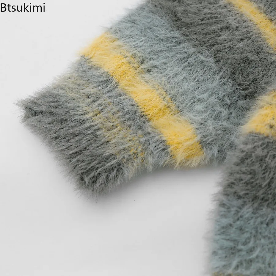 Мужской утолщенный вязаный кардиган в желтую полоску - Фотография_4