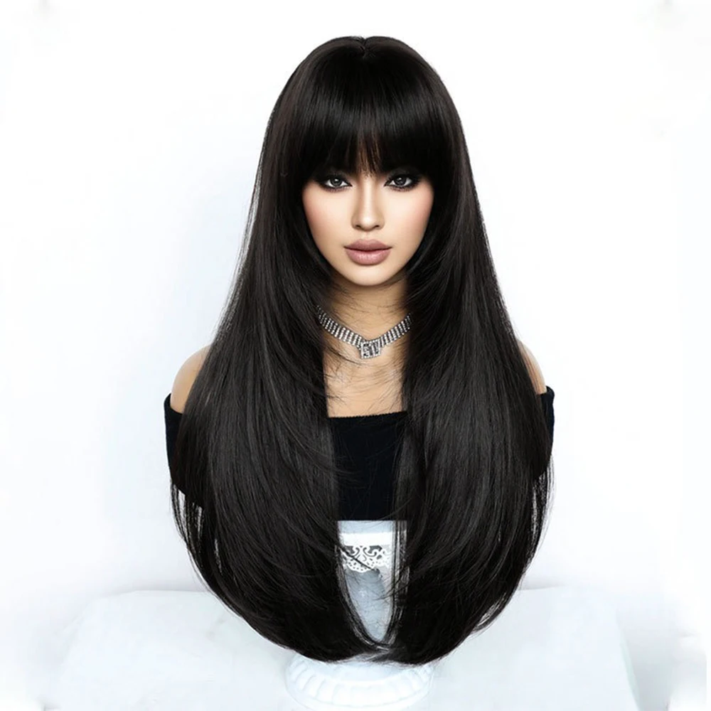 Натуральные многослойные черные длинные прямые парики для женщин - Фотография_3