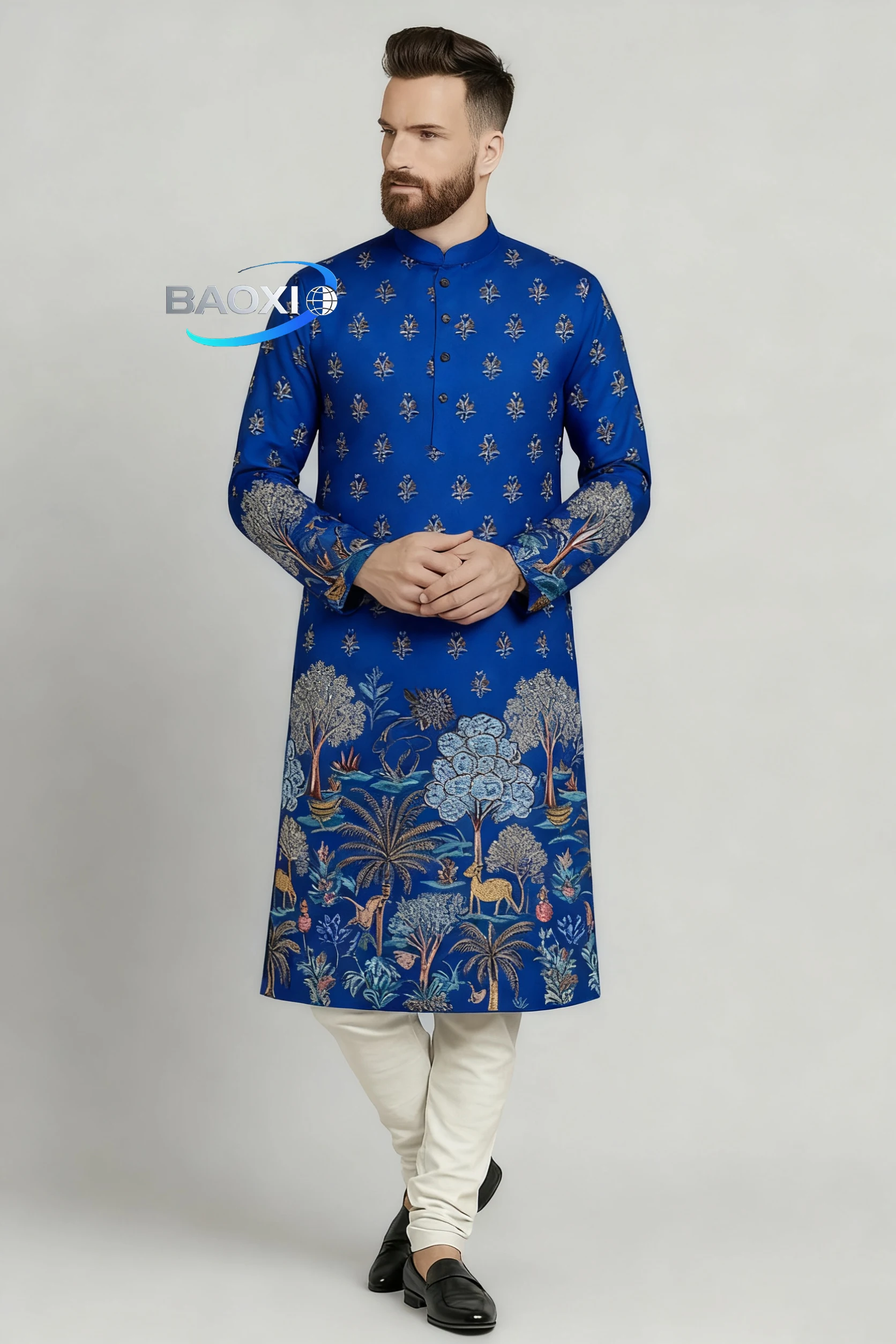 Мужской модный и удобный длинный халат курта сердце с принтом - Фотография_3