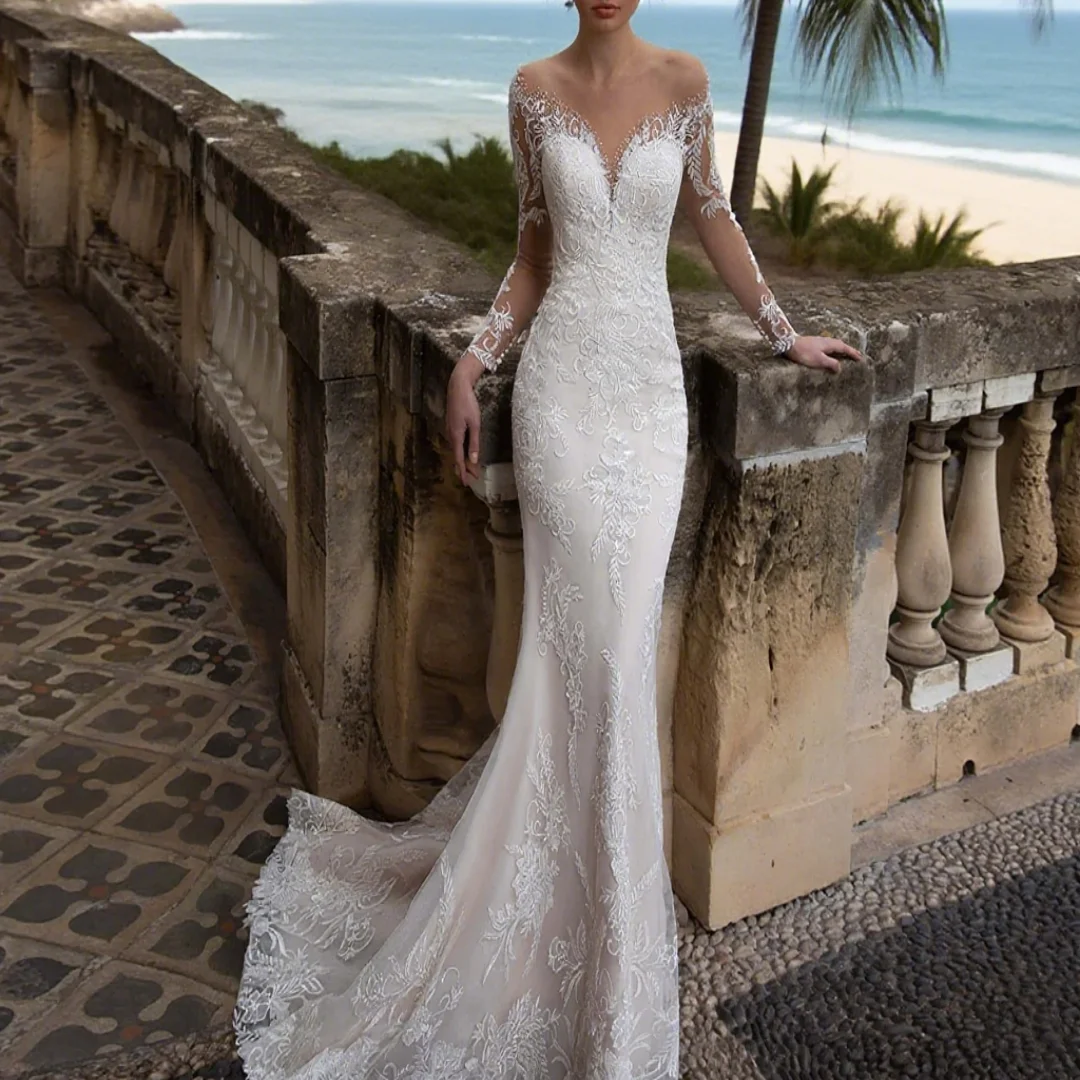 Индивидуальное свадебное платье русалки с вышивкой и длинными рукавами - Фотография_2
