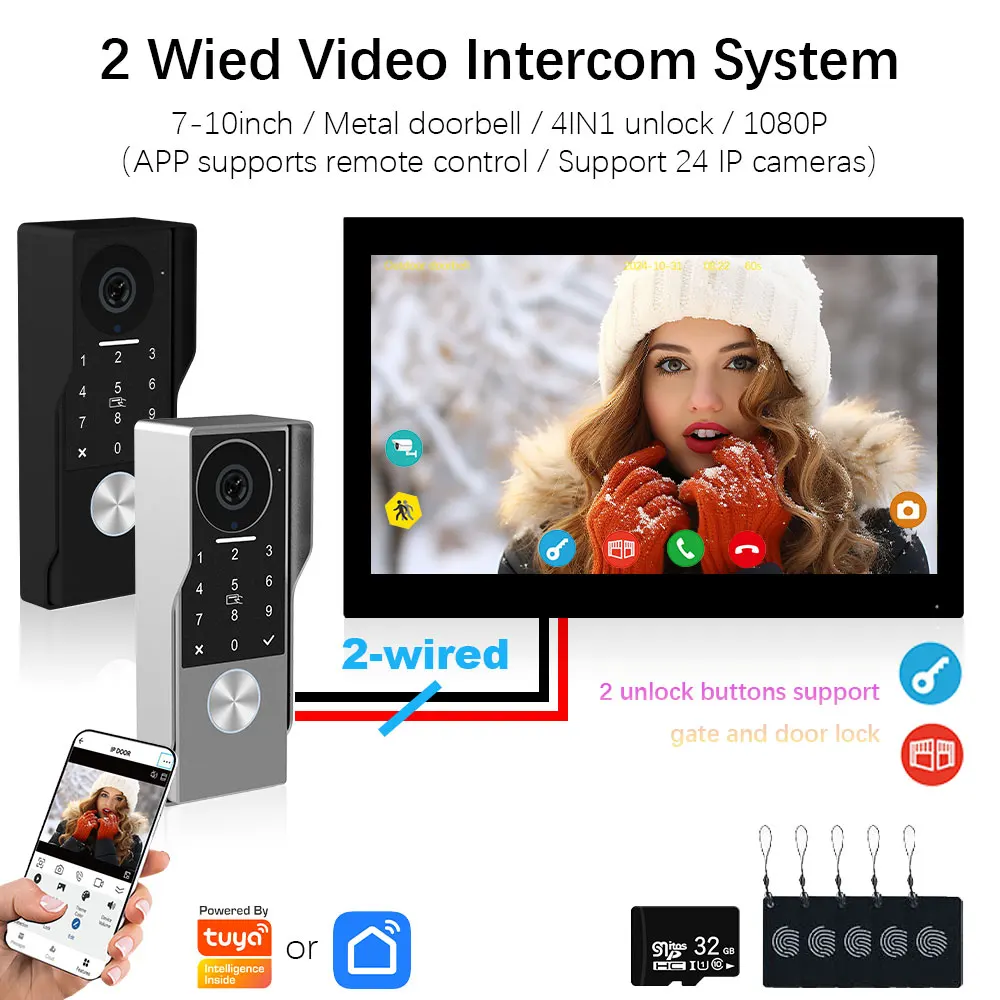2-проводная цифровая видеодомофонная система tuya smart 1080p