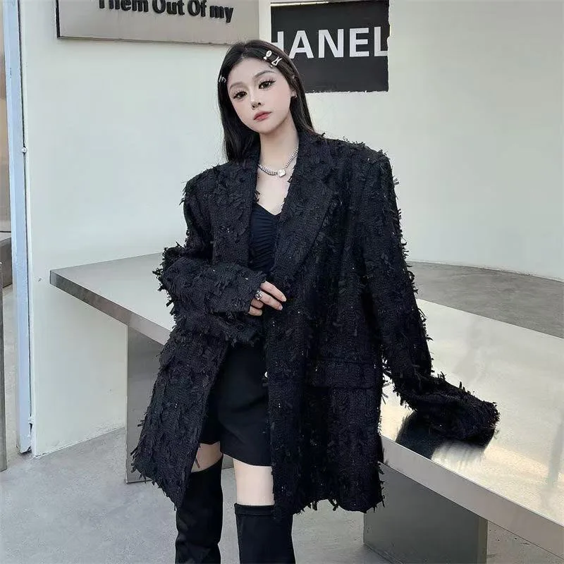 Уличный стиль тканый черный пиджак