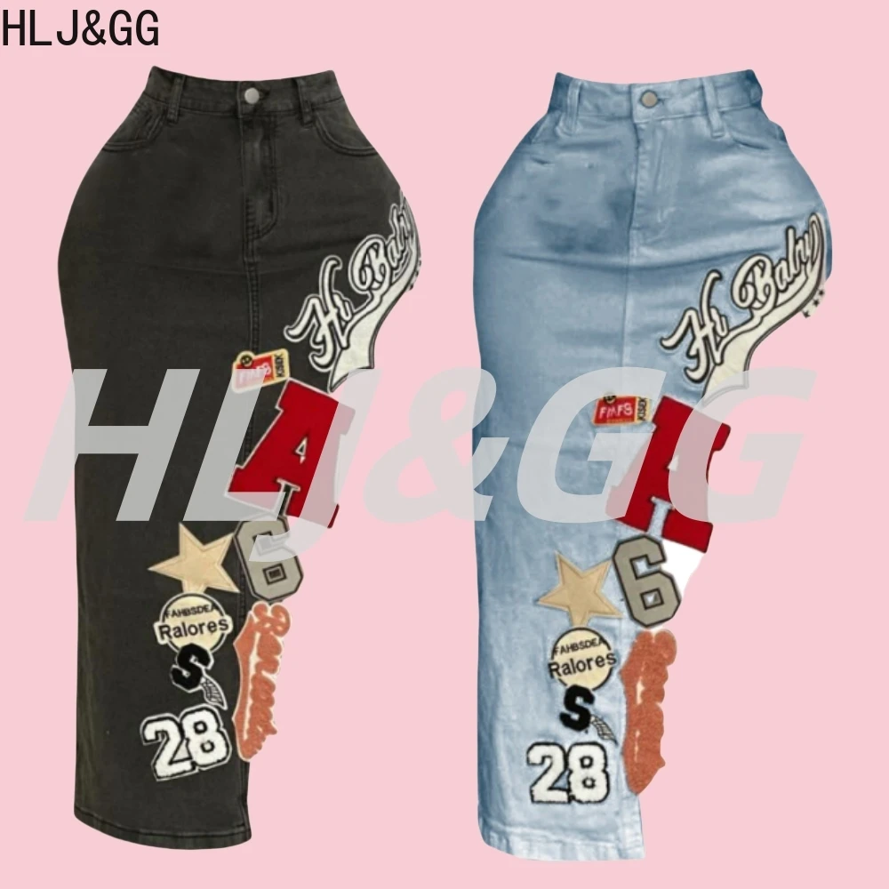 Hlj & gg модные узкие джинсовые юбки с вышивкой букв