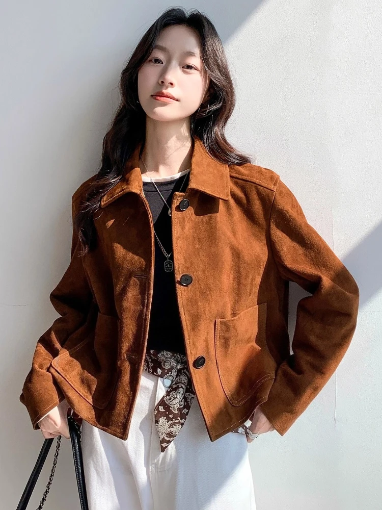 Винтажные короткие замшевые куртки из натуральной кожи для женщин - Фотография_3