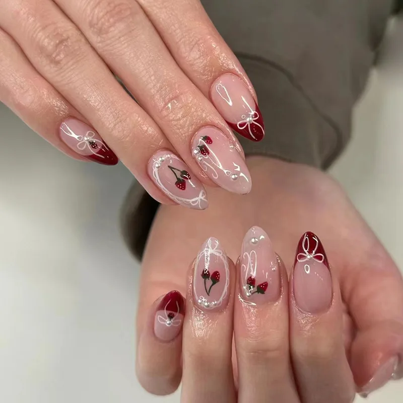 Cherry pearl, средние короткие акриловые накладные ногти