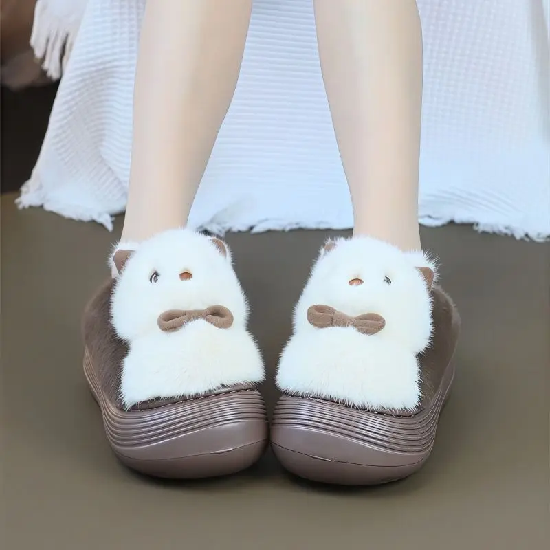 Новые зимние теплые тапочки с изображением кота на платформе 5 см - Фотография_3