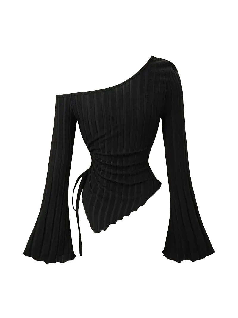 Женская новая облегающая футболка с открытыми плечами и длинными рукавами - Фотография_2