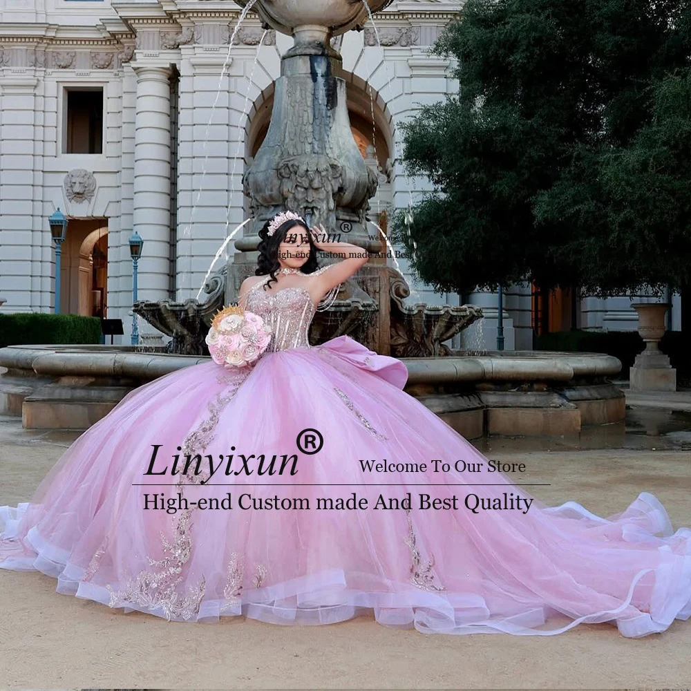 Элегантное блестящее корсетное платье quinceanera с милым бантом - Фотография_3