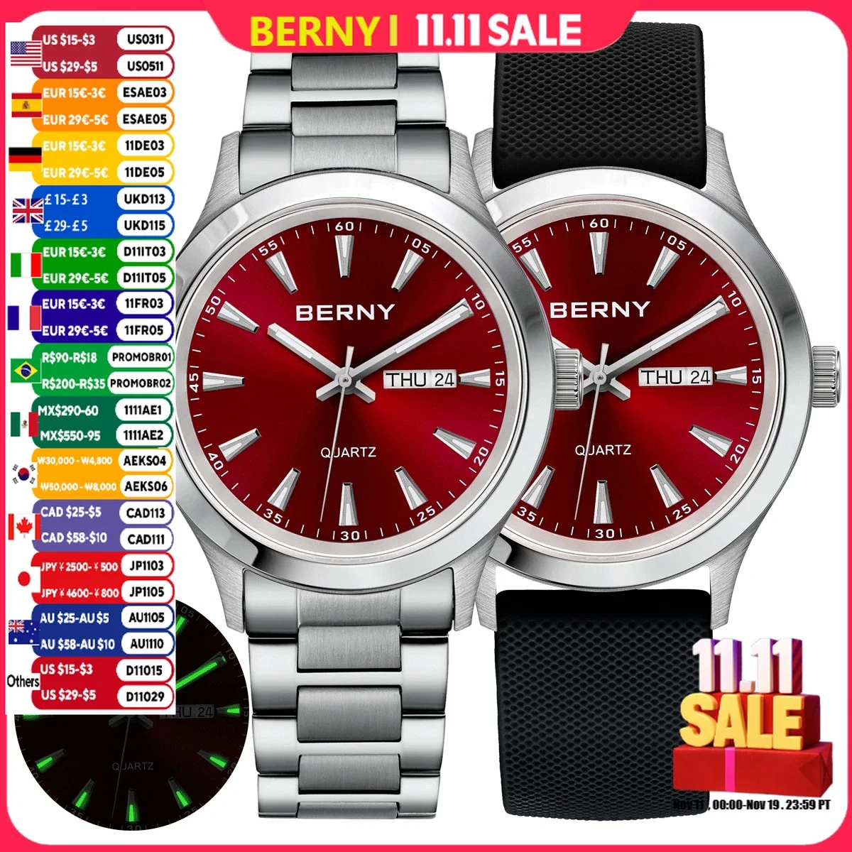 Berny мужские часы светящийся календарь