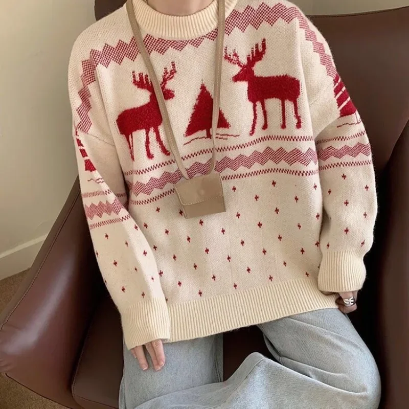 Рождественский красный милый свитер с принтом лося для женщин