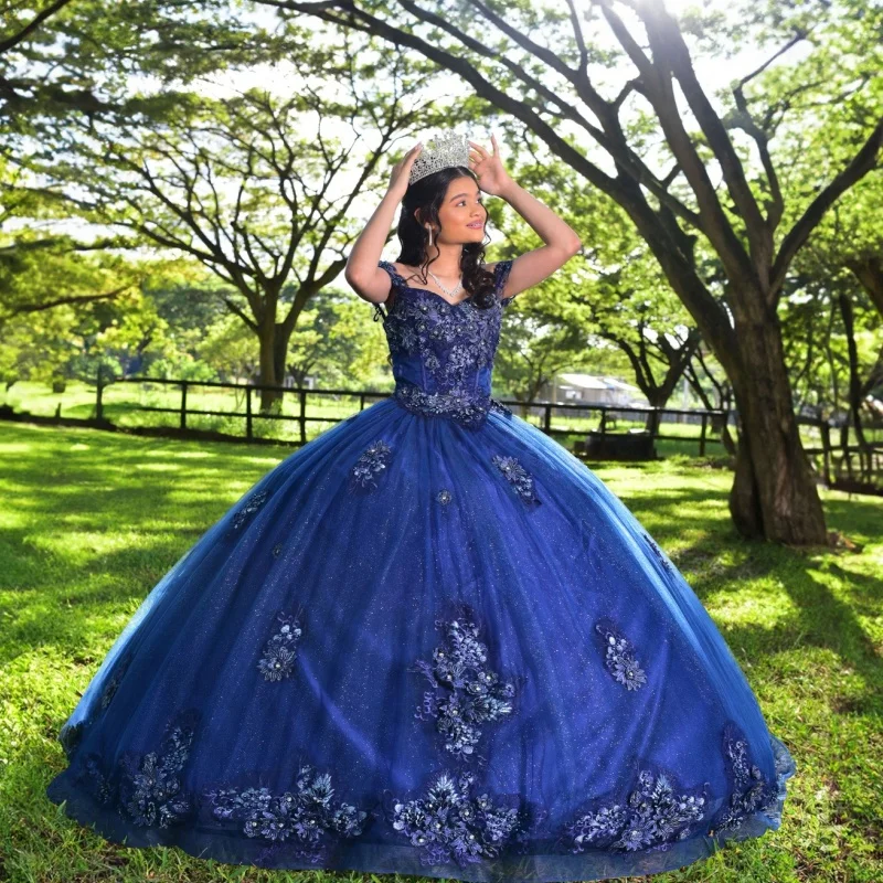Блестящее темно-синее платье quinceanera с открытыми плечами и блестками