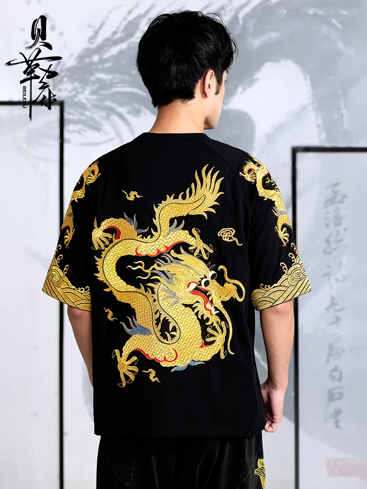 Мужская футболка в китайском стиле с золотым драконом и вышивкой - Фотография_4