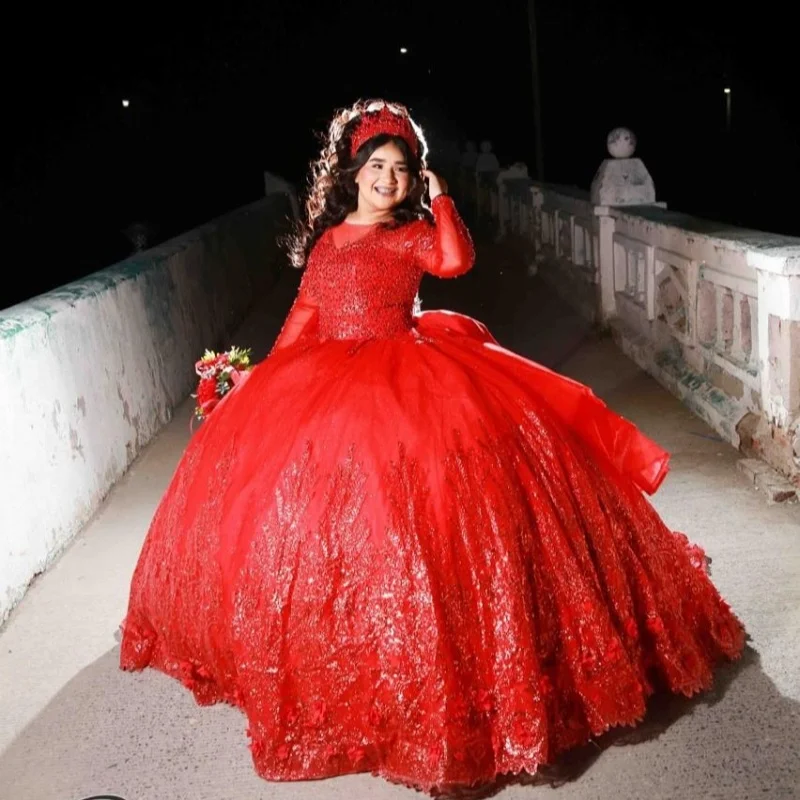 Shiny red quinceanera dress applique