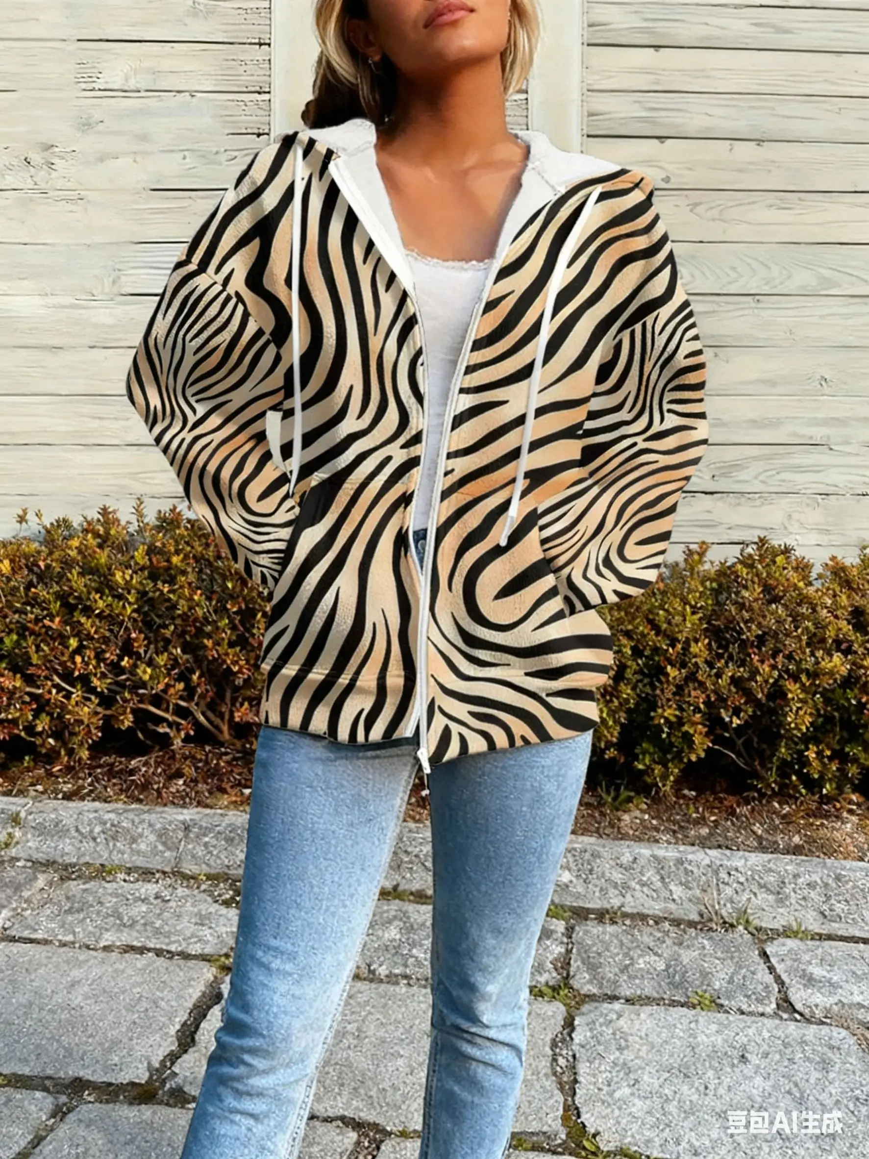 Шикарная толстовка на молнии с объемным принтом в полоску зебры - Фотография_2