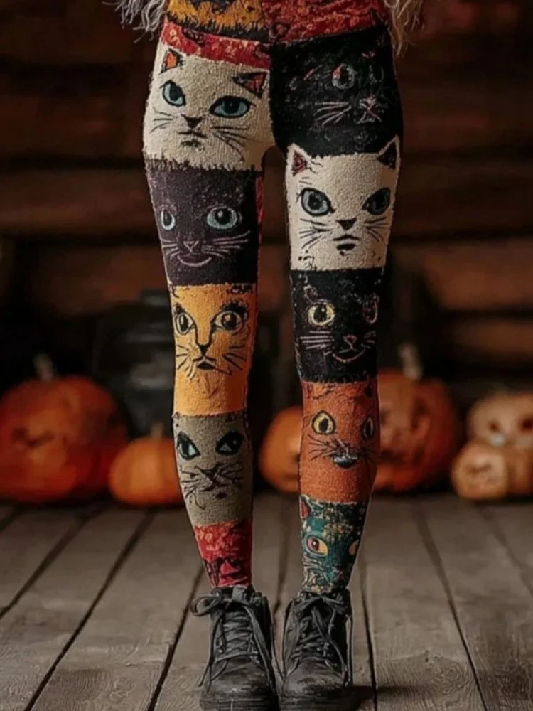 Женские винтажные леггинсы с графическим принтом кота на тему хэллоуина - Фотография_3