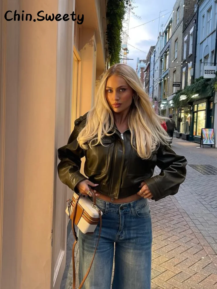 Уличная винтажная укороченная кожаная куртка с карманами