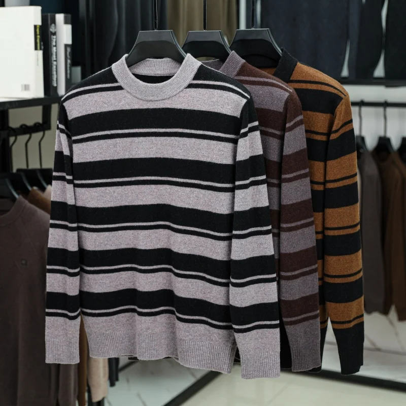 100% шерсть, мужской осенне-зимний свитер с круглым вырезом в полоску - Фотография_4