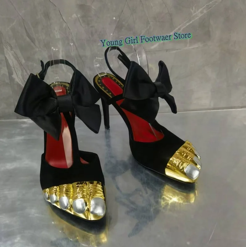 Женские пикантные туфли на высоком каблуке с золотым носком - Фотография_3