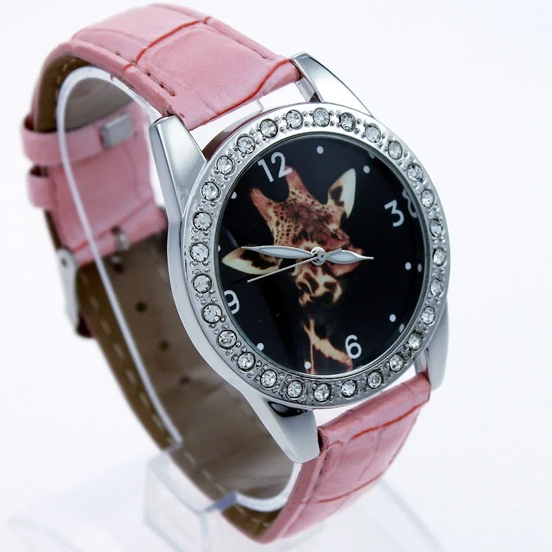 Кожаные круглые хрустальные часы с изображением жирафа для студентов