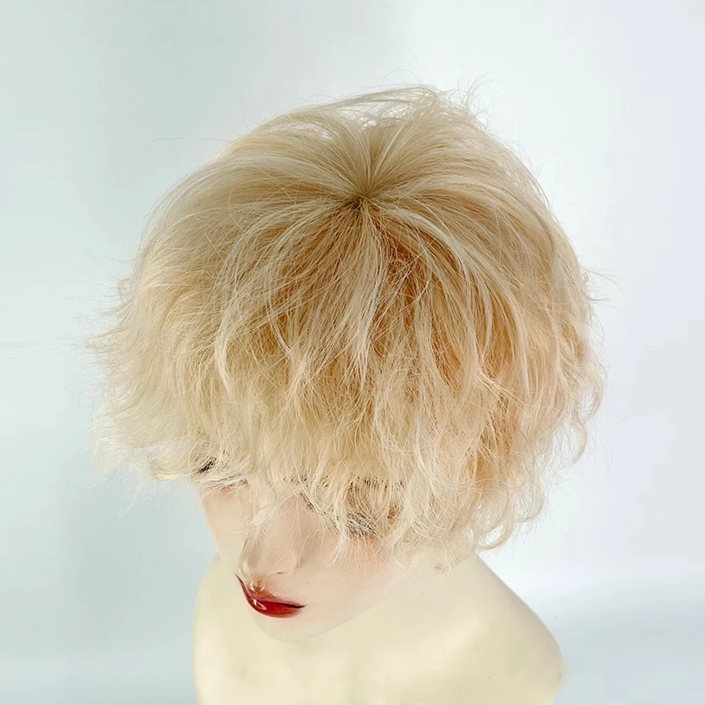Мужской короткий волнистый вьющийся синтетический светлый парик с челкой - Фотография_5