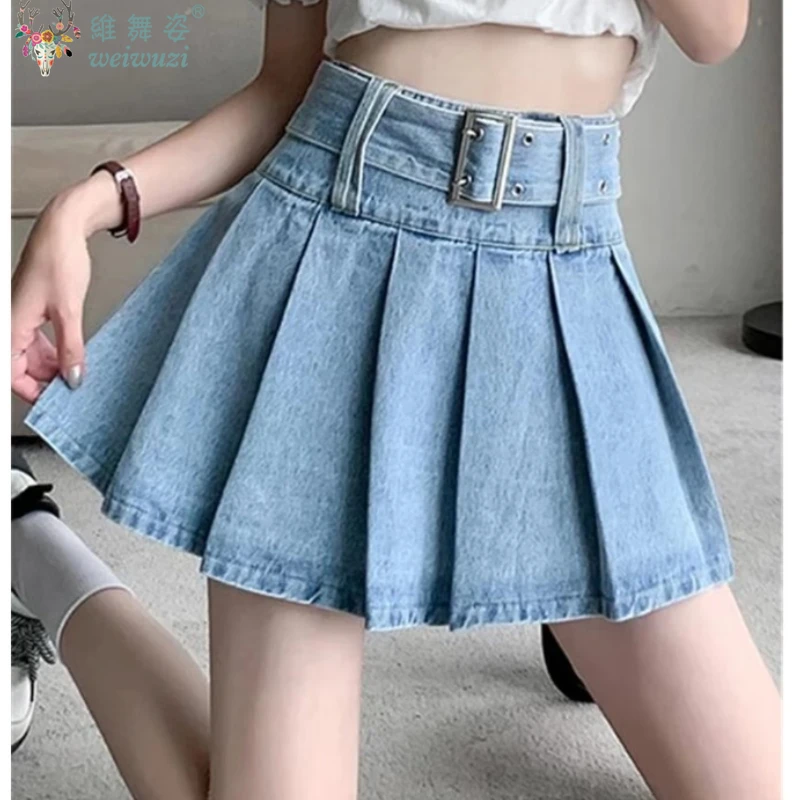 Новые летние женские джинсовые короткие юбки с поясом - Фотография_2