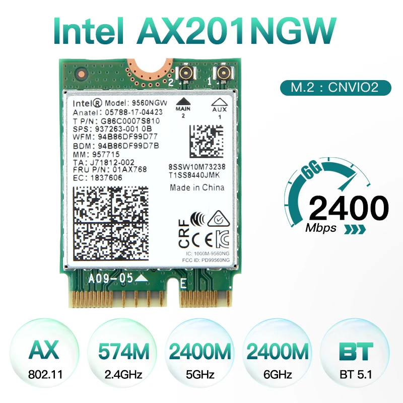 Intel ax201 wi-fi6 m.2 key e cnvio2 dual band 2