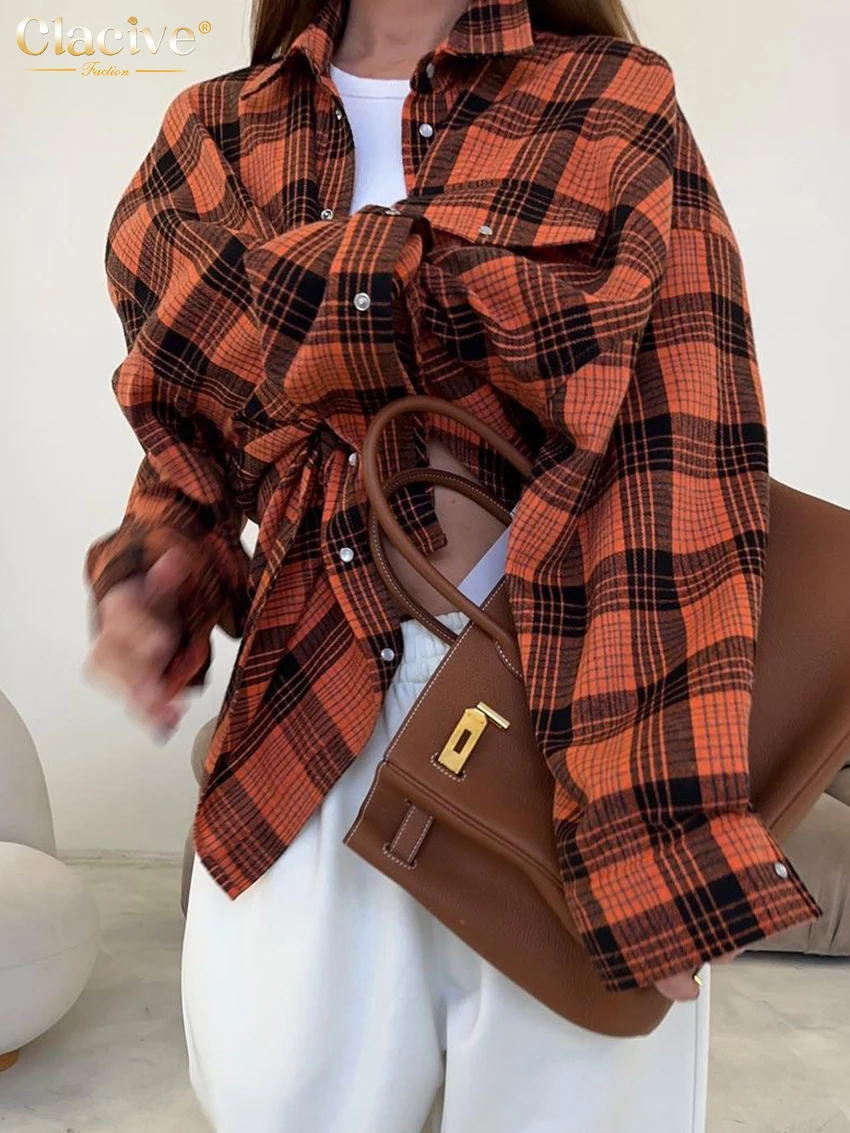 Повседневная свободная женская рубашка в клетку clacive 2023 - Фотография_2