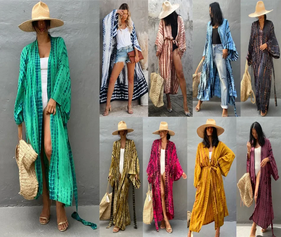 Хлопковое пляжное кимоно с принтом тай-дай