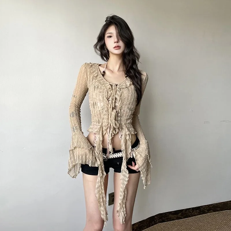 Осенний новый облегающий топ нестандартной формы с рюшами на подтяжках - Фотография_5